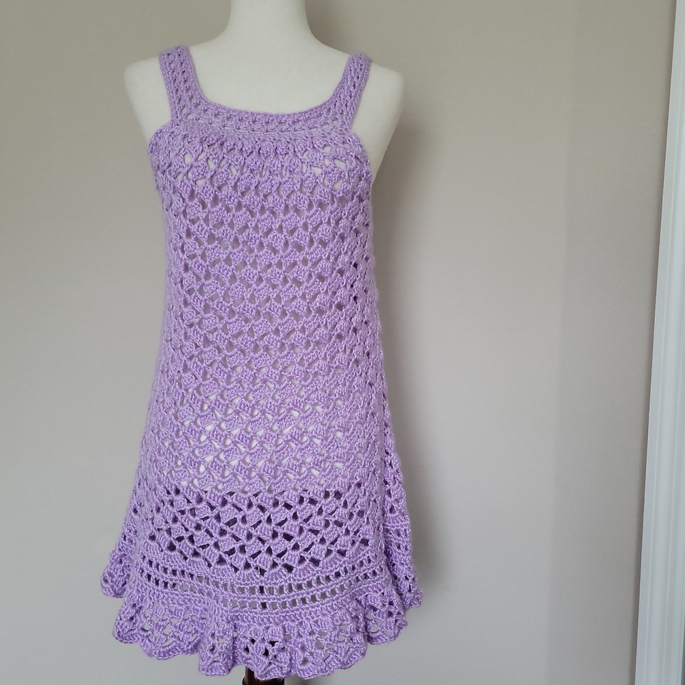 Handmade Purple Crochet Womens Mini Dress Sundress Sz M L Beach Coverup Retro